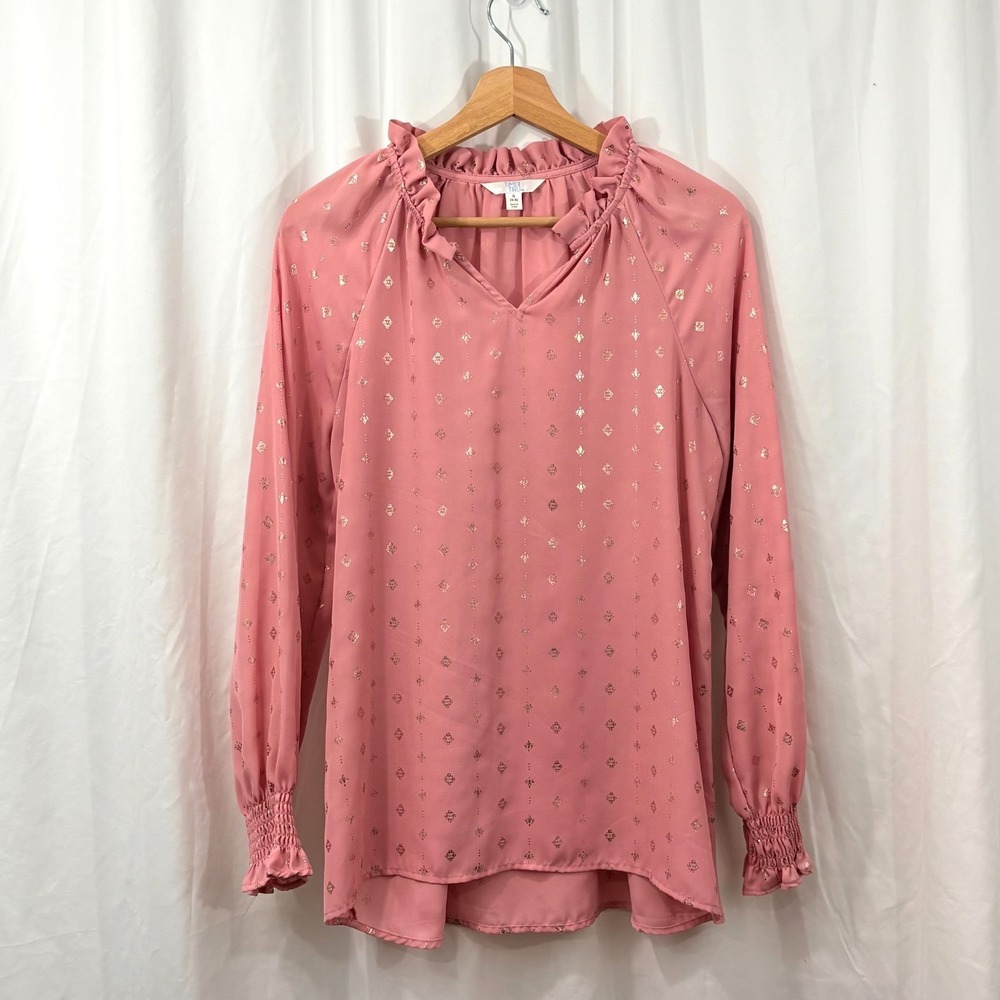 Time and Tru Women's Pink and Gold Foil Long Sleeve Blouse, Size Small